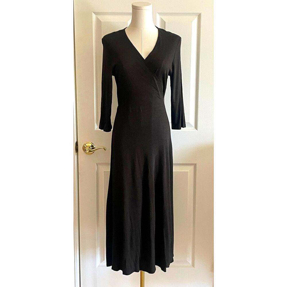 Eileen Fisher Brown Knit Wrap Midi Dress 3/4 Sleeve V-Neck Size Medium